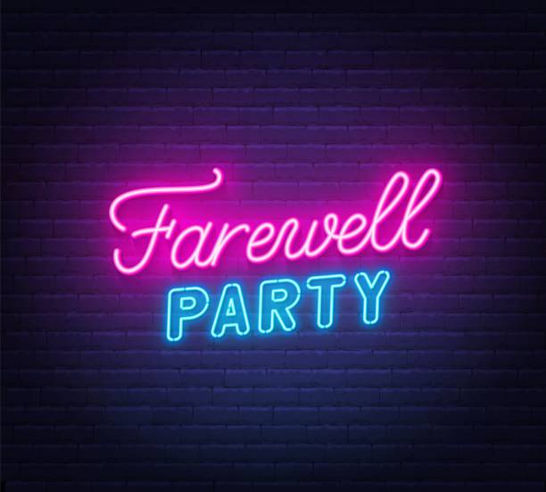 istock Farewell party neon lettering on brick wall background. 1673741854