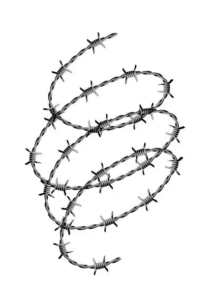 Vector illustration of Barbed wire illustration. Sharp barbwire border chain.