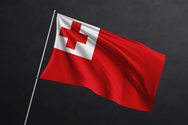istock 3D Waving flag design. Tonga National flag on black background. 1673749486