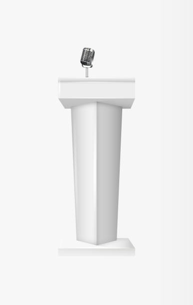 istock Podium tribune with microphones isolated on transparent background. Design rostrum stands. Abstract concept graphic element for business presentation, conference. Vector 1673752918