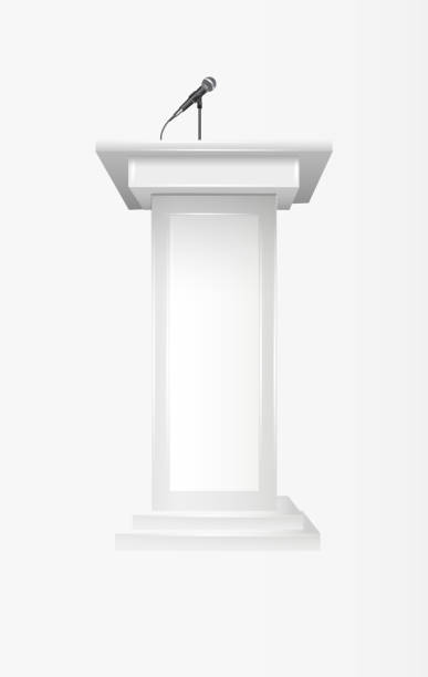 istock Podium tribune with microphones isolated on transparent background. Design rostrum stands. Abstract concept graphic element for business presentation, conference. Vector 1673753218