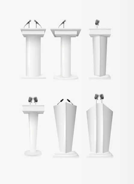 Vector illustration of Podium tribune with microphones isolated on transparent background. Design rostrum stands. Abstract concept graphic element for business presentation, conference. Vector