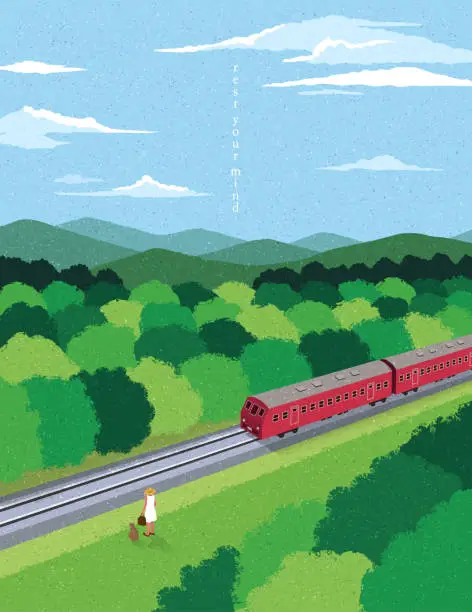 Vector illustration of Travel by train, steam locomotive, vacation, mountain landscape, railway station, adventure. Spring summer season. Sunny day nature background. Watercolor style. Hand drawn design Vector illustration.