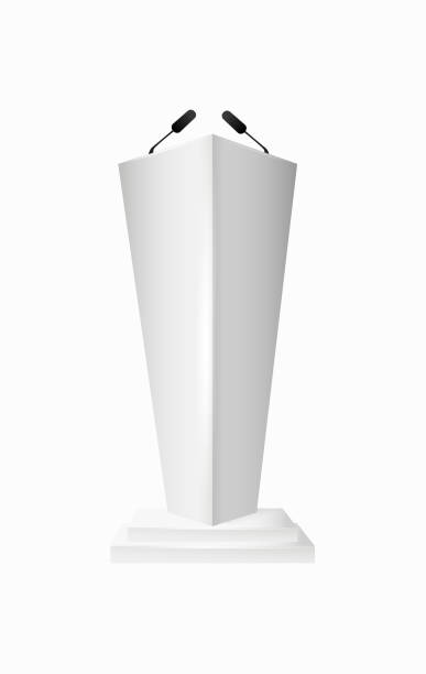 istock White Podium Tribune Rostrum Stands with Microphones. Podium tribune with microphones isolated for business presentation, conference. Vector 1673756025