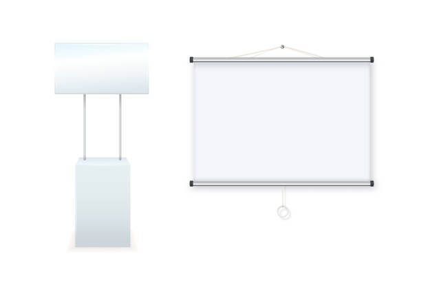 istock Advertising promotional stands. Realistic modern simple rack or counters multiple promotional desk with sign top clean empty promo tables with signboard white mockup. Vector 1673759935
