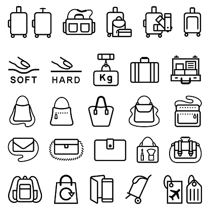 Single color isolated outline icons of luggage and personal accessory bags