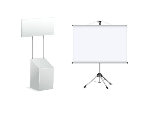istock Advertising stands. Realistic modern simple, 3d promotional desk with sign top, clean empty promo tables with signboard white mockup. Vector 1673761556