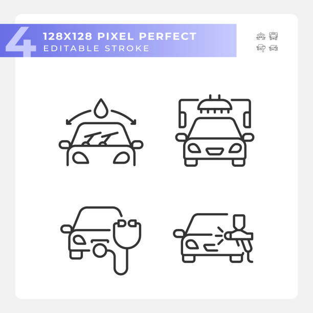 zestaw ikon liniowych pixel perfect black car repair and service - mechanic window repairing paint stock illustrations