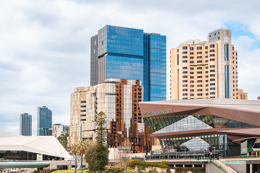Adelaide, South Australia - September 9, 2023: Adelaide CBD skyline with the new Festival Plaza, Skycity Casino and Adelaide Convention Centre viewed across Torrens river on a day