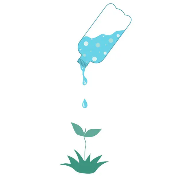 Vector illustration of plastic bottle with water from which a green sprout is watered.