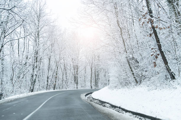 istock Empty road in a winter forest.  Winter landscape with snow-covered trees. 1673786553
