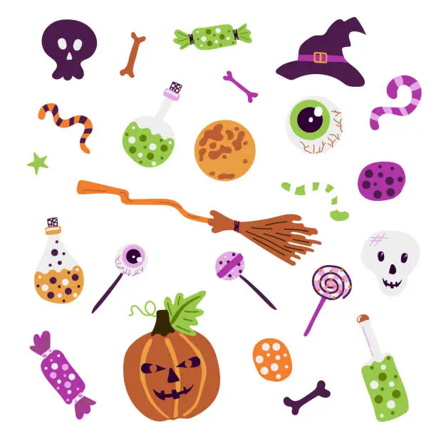 Vector illustration of Cute set of pumpkin, broom, eye, witch hat, cauldron, worm, sweets, bone, skull