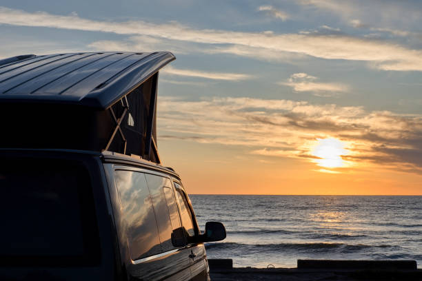 istock Camper van is stand on camping place on sea coast. 1673802067
