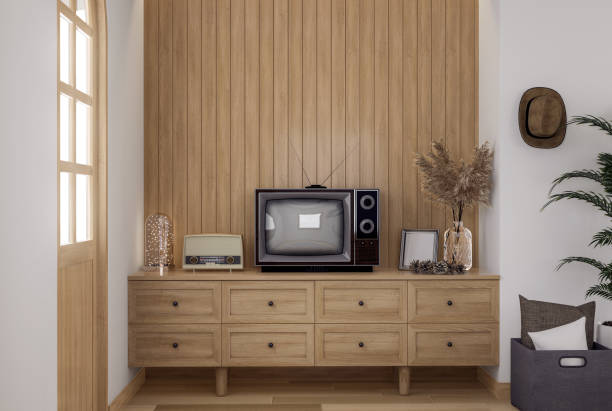 Vintage style wooden tv cabinet with empty plank backdrop 3d render