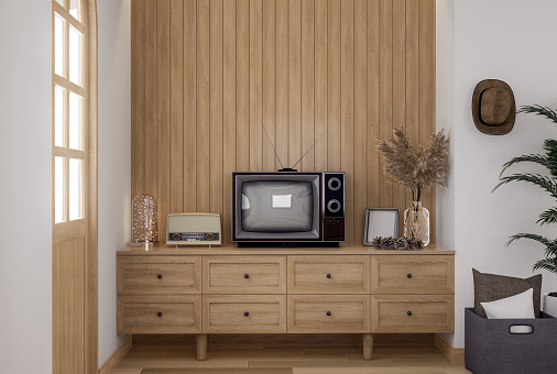 Vintage style wooden tv cabinet with empty plank backdrop 3d render decorate with retro television and radio