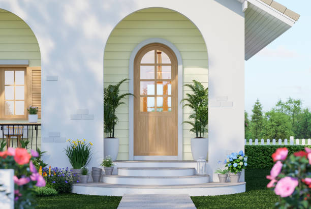Vintage style arched entrance Surrounded by flower garden 3d render there are arch wooden door white wall outside and pastel yellow plank inside and curvy stair into porches