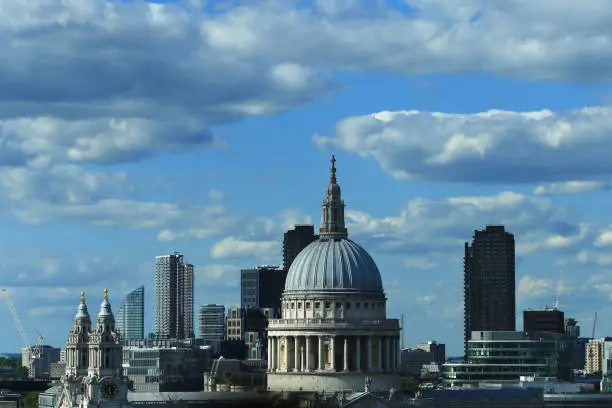 Beautiful view of modern London skyscrapers and the old Cathedral of St.Paul's