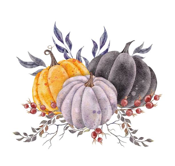 Watercolor harvest pumpkin with tree branches, leaves and roseship. Fall holiday hand drawn illustration. Thanksgiving design for stickers, autumn mugs, posters, invitations Watercolor harvest pumpkin with tree branches, leaves and roseship. Fall holiday hand drawn illustration. Thanksgiving design for stickers, autumn mugs, posters, invitations. watercolor lantern set stock illustrations