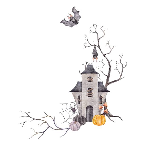 ilustrações, clipart, desenhos animados e ícones de aquarela quadro de halloween, grinalda com abóboras, casa do castelo, morcego, teia de aranha. ilustração desenhada à mão perfeita para convites, artigos de papelaria, scrapbooking, embalagens, decorações de festa, cartões - bat halloween spider web spooky