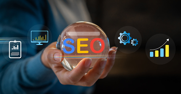 Human holding with Search engine optimization SEO networking concept, Searching browsing Internet data Information, Marketing, website, analysis, traffic ranking, optimization website