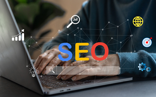 Human use laptop with Search engine optimization SEO networking concept, Searching browsing Internet data Information, Marketing, website, analysis, traffic ranking, optimization website