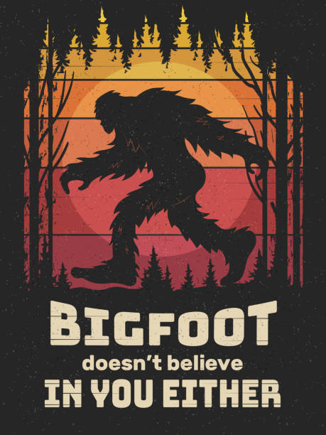Bigfoot poster. Print design projects bigfoot placard recent vector adventure template with place for text Bigfoot poster. Print design projects bigfoot placard recent vector adventure template with place for text. Illustration of typography vintage advertising silhouette yeti cartoons stock illustrations