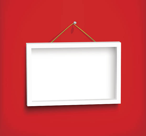 White frame on the wall White frame hanging on the red wall. Eps 10 vector illustration. Used effect transparency layers and mesh accent nails stock illustrations