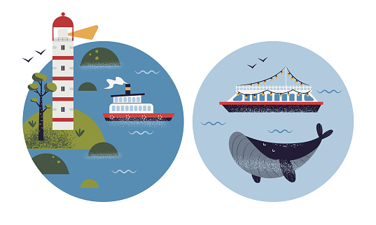 Hand drawn cute sceneries with coastal lighthouse, and ferry ship with whale. Colorful maritime circle shaped icon. Isolated on white background vector illustration