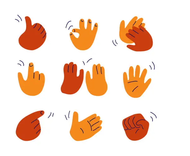 Vector illustration of Funny hands drawn in a simple doodle style, depicting different gestures.