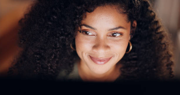 istock Night, office and thinking woman with idea, solution or vision while reading, research or inspiration. Smile, face and lady  journalist online for creative article, problem solving or brainstorming 1673830299