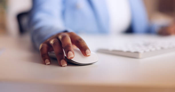 istock Search, computer mouse and hands of business person at tech for information, networking and email. Technology, software and keyboard with employee scrolling for website, internet and social media 1673830981