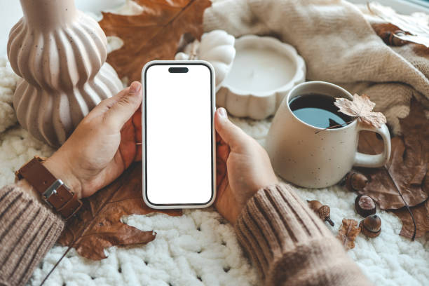 istock Phone with an isolated screen in hands, autumn mood 1673833152