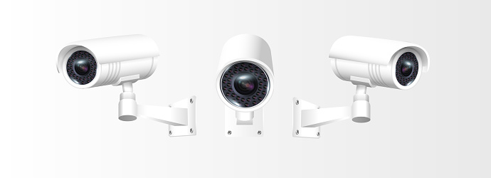 Circuit television cameras realistic set. External cctv. Surveillance equipment. Security monitoring system for smart home, company. Vector illustration