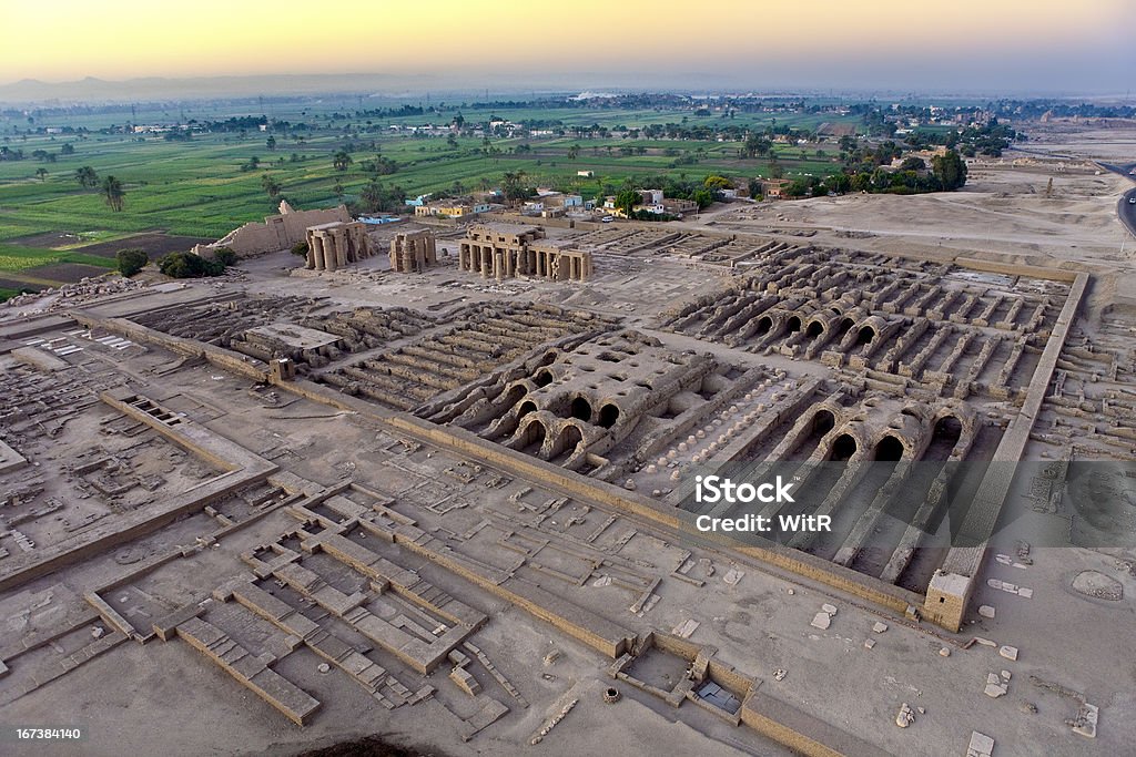 Luxor West Bank above Egypt. Aerial view over the West Bank of Luxor - ruins of the Ramesseum (mortuary temple of Pharaoh Ramesses II) Ramesseum Stock Photo