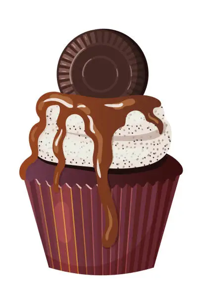 Vector illustration of Cupcake or brownie with cream, caramel and chocolate cookie