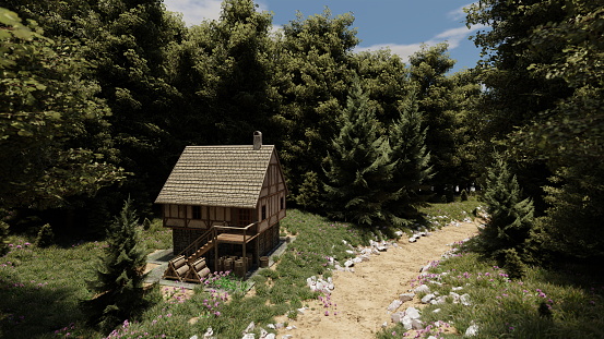 Lonely medieval house in woods near trail surrounded by trees, pine and fir, landscape. 3d render