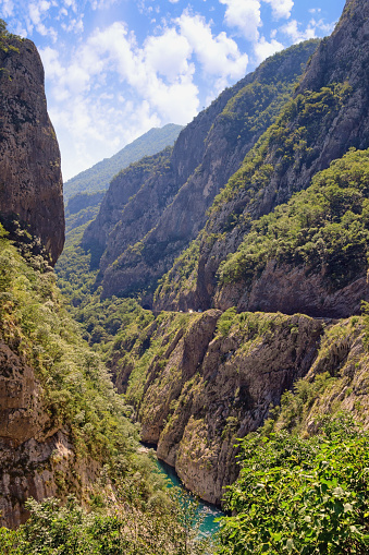 Balkans road trip. Beautiful mountain landscape. Montenegro, Dinaric Alps, Moraca river canyon
