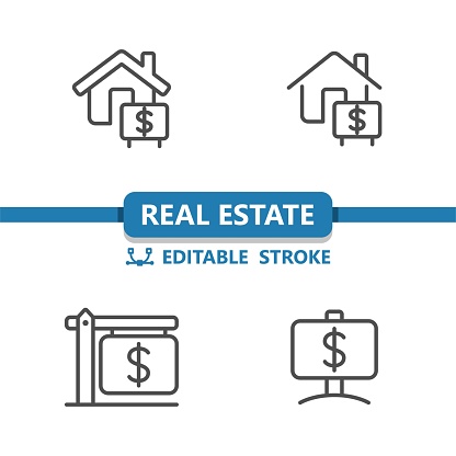 Real Estate Sign Icons. For Sale, For Rent, Sold, Dollar, House Icon. Professional, 32x32 pixel perfect vector icon. Editable Stroke