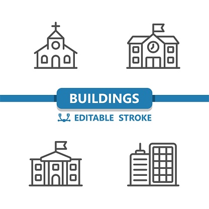 Buildings Icons. Church, Monastery, School, Apartment Building Icon. Professional, 32x32 pixel perfect vector icon. Editable Stroke