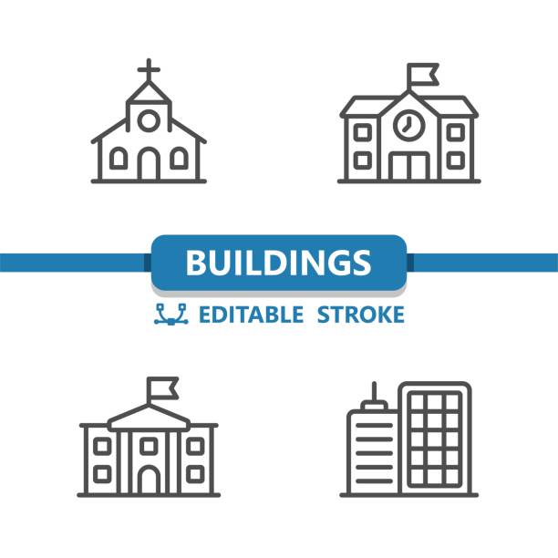 Buildings Icons. Church, Monastery, School, Apartment Building Icon Buildings Icons. Church, Monastery, School, Apartment Building Icon. Professional, 32x32 pixel perfect vector icon. Editable Stroke cathedral high school stock illustrations