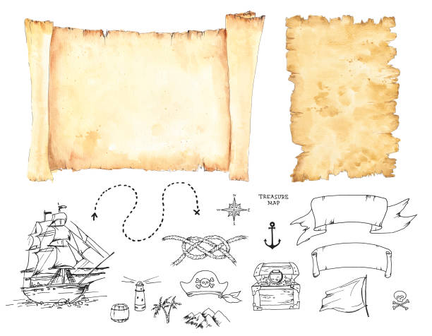 Pirate Treasure Hunt watercolor and lineart. Vector Vector graphic set for Treasure Map design. Altered paper scroll and a torn paper sheet in watercolour technique can be used as background. The ink line art illustrations, like ship, wind rose, dotted line path, scull, rope knot, pirate hat, treasure chest etc. are perfect for creating Pirate Map. paper pirate hat stock illustrations