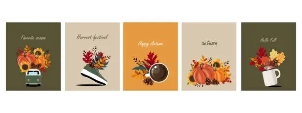 Vector illustration of Set of autumn cards, autumn composition, flowers, banners set