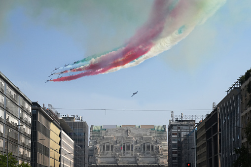 Doha, Qatar - December 17, 2015: Qatar Air Force jets perform during Qatar National Day celebrations in Doha on 18th of December 2015.