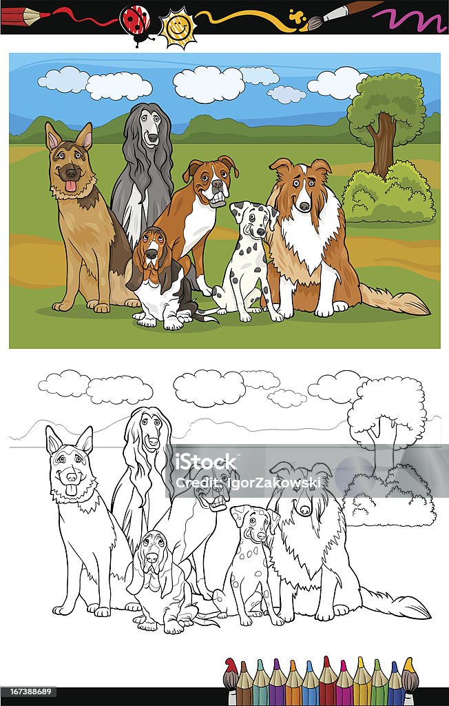 Razas de perros de historieta libro para colorear - arte vectorial de Pastor Alemán libre de derechos