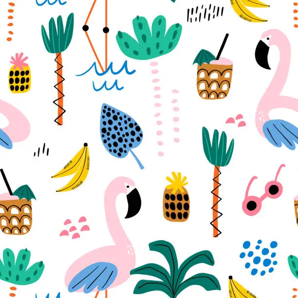 Vector illustration of Seamless tropical pattern with flamingo, palm and tree summer elements. Vacation style vector texture.