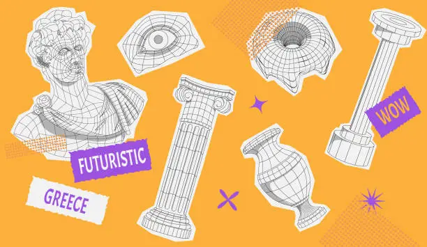 Vector illustration of Retro futuristic set. Collage with wireframe sculpture and statue. Sticker shape cutout on yellow background