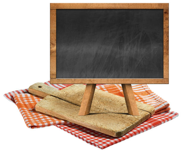 istock Old Wood Cutting Board and Empty Blackboard Isolated on White Background 1673909530