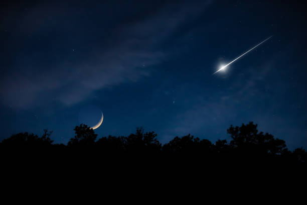 istock Shooting star, waxing Moon, Milky way and tree silhouettes. 1673909933