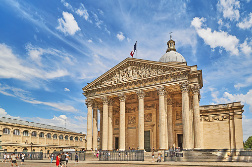 Paris, France - 10 May, 2018: Sorbonne square and Sorbonne edifice. Name is derived from College de Sorbonne (1257) by Robert de Sorbon as one of first colleges of medieval University in Paris