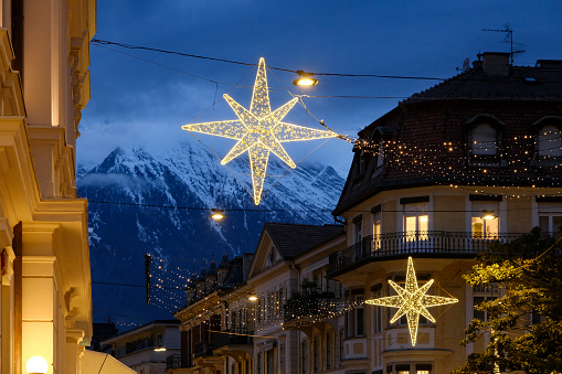 Christmas in Merano (South Tyrol). Stylish decoration in the shopping streets of the old town.